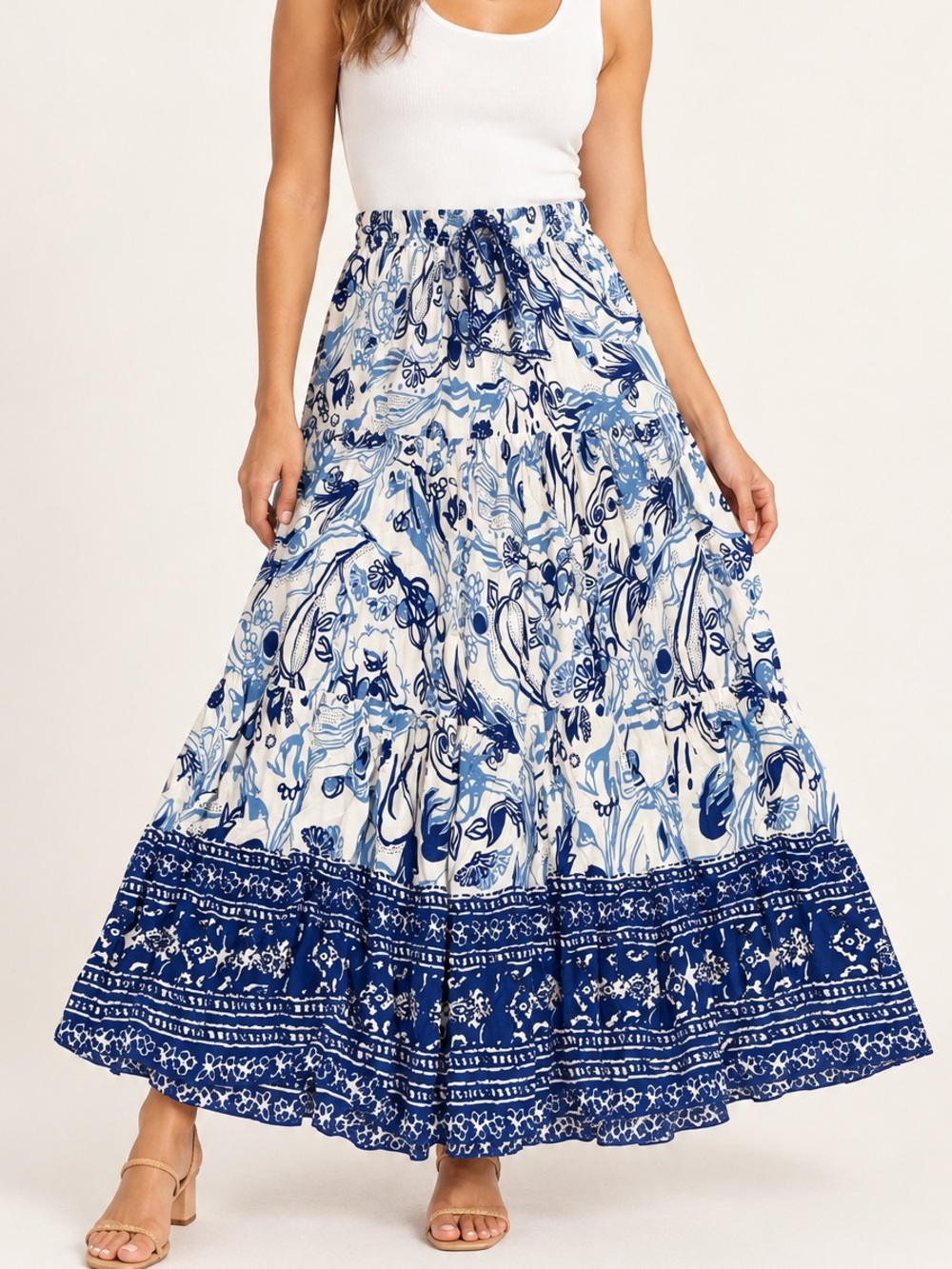 Women's Blue & White Floral Tiered Maxi Skirt